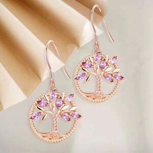 Rose Gold Tree of Life Dangle Earrings 
Rhinestone Lucky Charm Christmas Gift 🎄